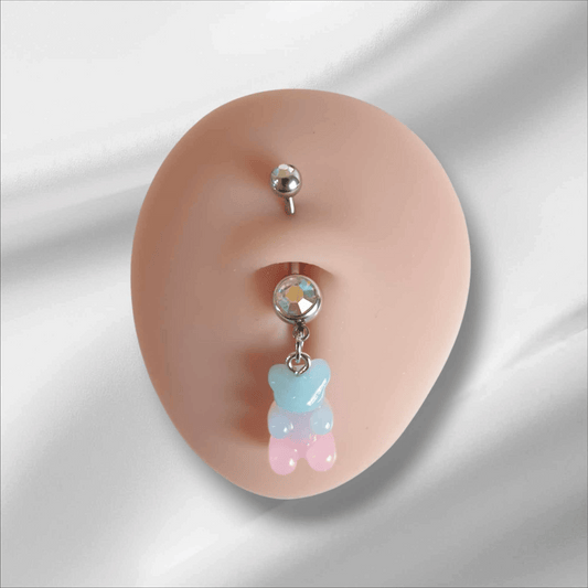 Belly Navel Bar Ring | Gummy Bear Dangle Pastel Double Clear Gem