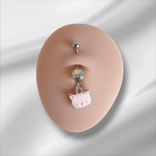 Belly Navel Bar Ring | Pink Cat Dangle Double Gem