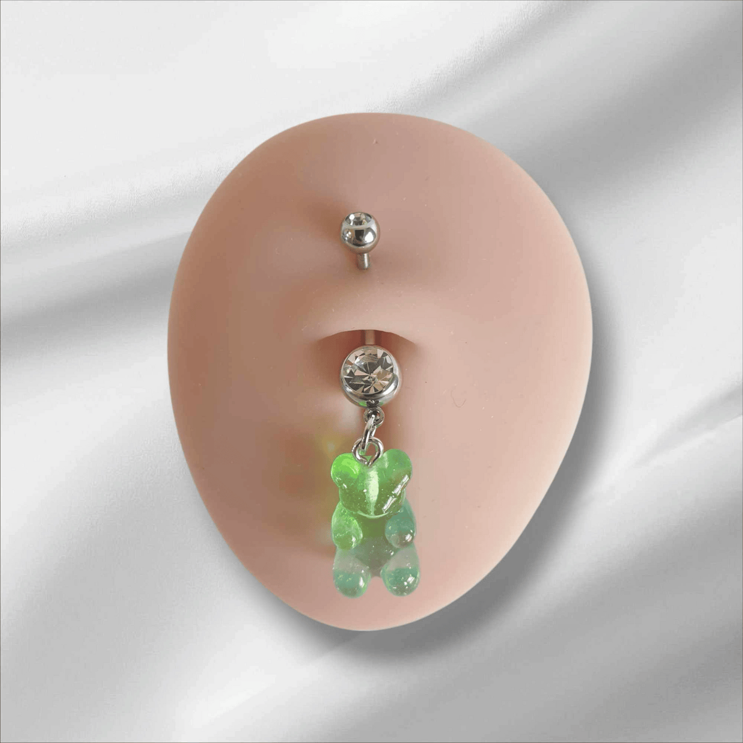 Belly Navel Bar Ring | Gummy Bear Dangle Green Double Clear Gem