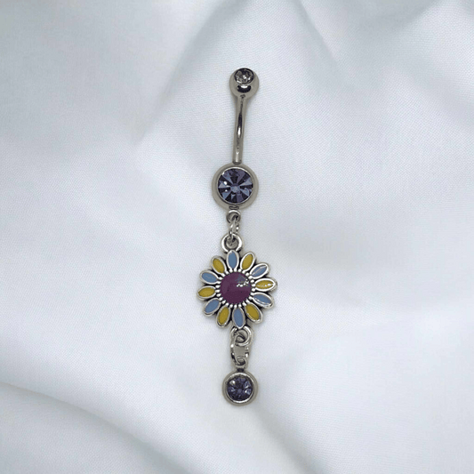 Belly Navel Bar Ring | Flower Gem Dangle Double Gem Bar