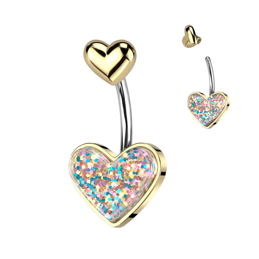 Glitter heart belly navel bar gold