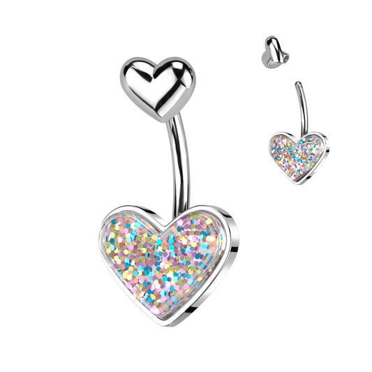 Glitter heart navel bar Silver