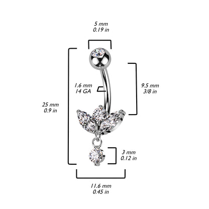 Marquise Gem Dangle Belly Bar 14g