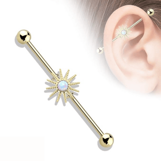 Opal Center Sunburst Industrial Barbell Gold