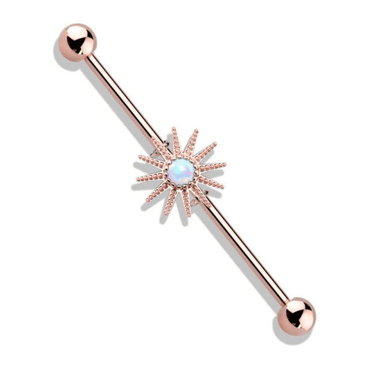 Opal Center Sunburst industrial Barbell Rose Gold