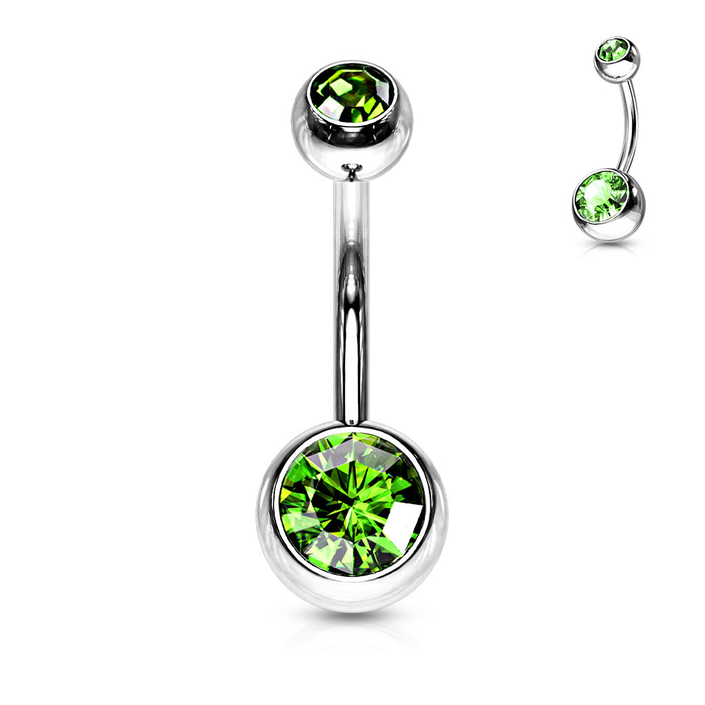 Silver Double Green Gem Belly Button Bar 14g